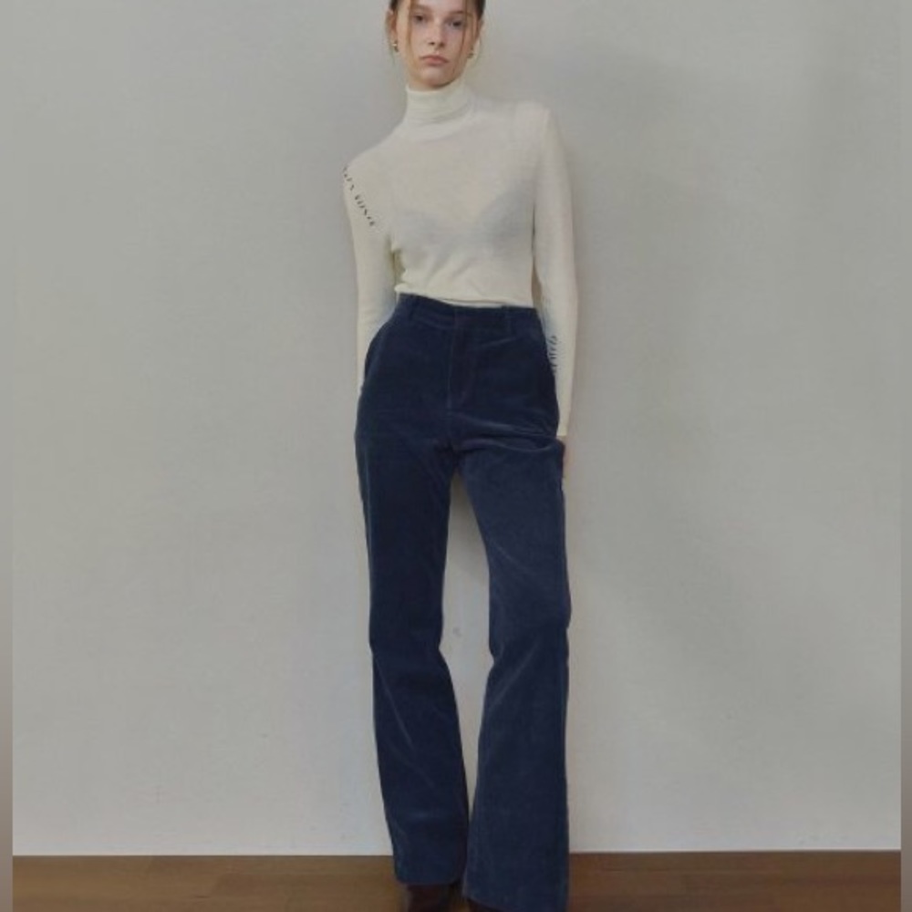 NEW Korean Dark Blue Semi Bootcut Corduroy Pants Size M